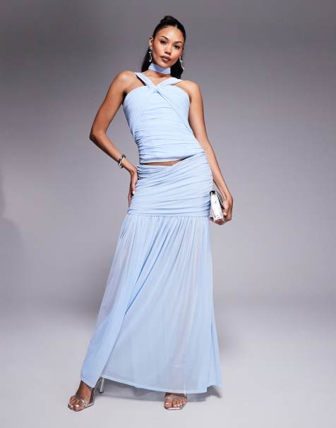 Taideux fuller bust Maya rushed mesh maxi skirt co-ord in pastel blue
