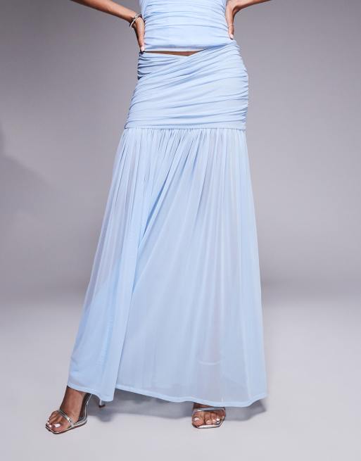 Taideux fuller bust Maya rushed mesh maxi skirt co-ord in pastel blue, 2 of 5