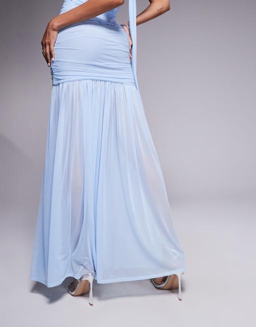 Taideux fuller bust Maya rushed mesh maxi skirt co-ord in pastel blue, 3 of 5