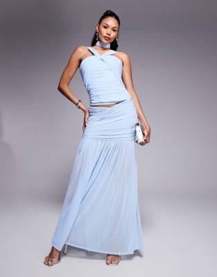 fuller bust Maya rushed mesh maxi skirt in pastel blue - part of a set