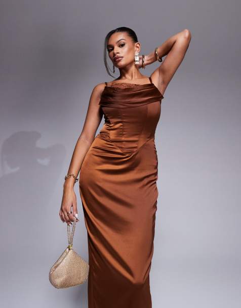 Taideux fuller bust Naomi satin midaxi boned corset dress with lace trim in toffee brown