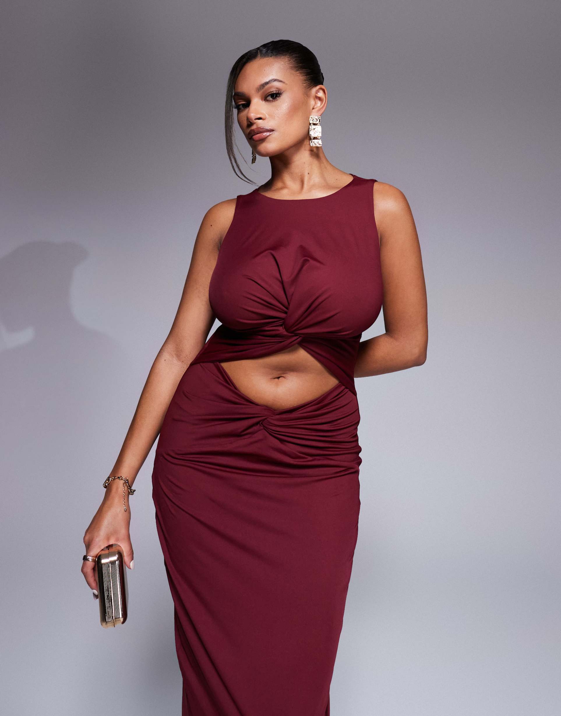 taideux fuller bust nikki jersey cut out midaxi dress with twist detail in deep red