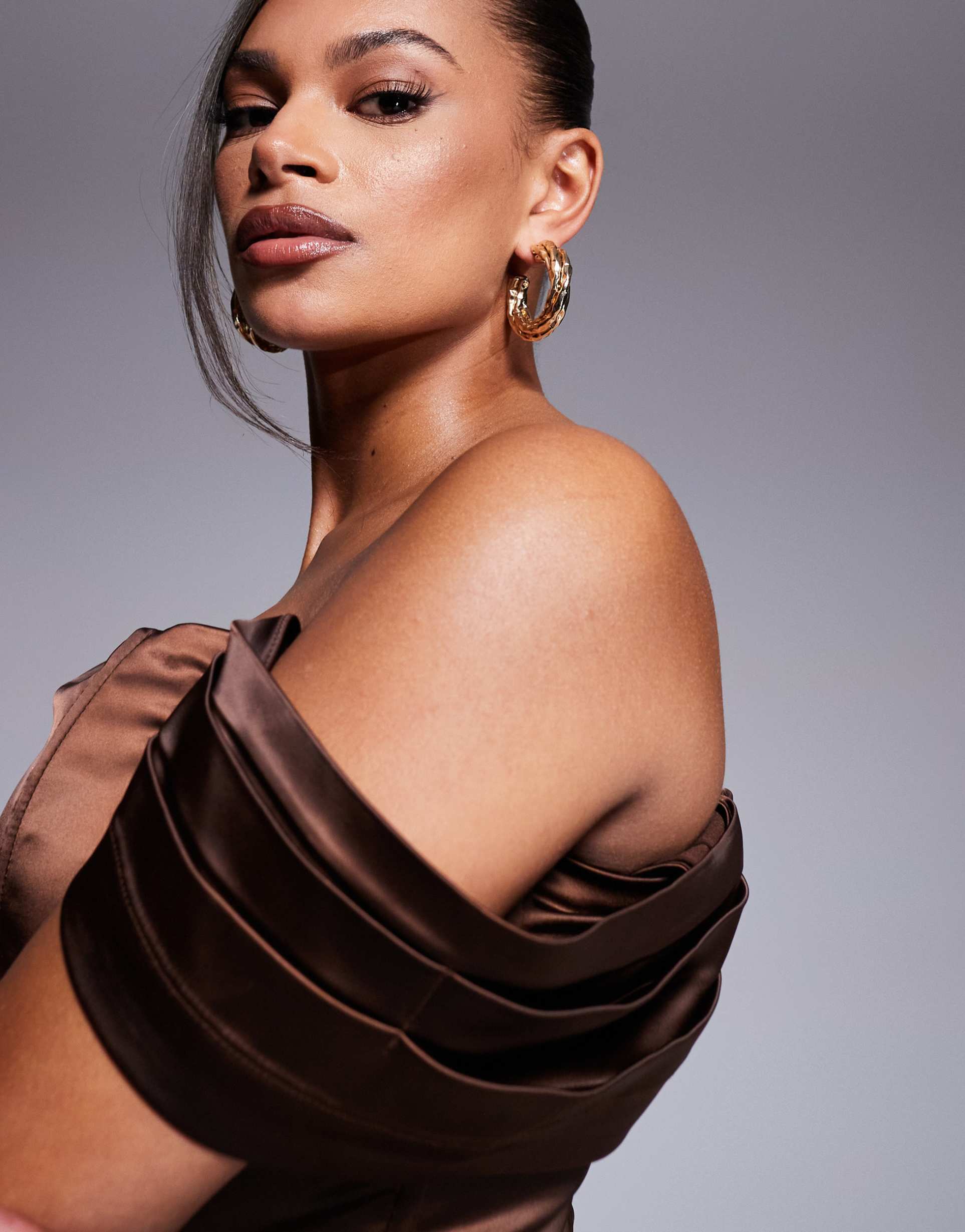 taideux fuller bust regina satin off shoulder boned corset top in deep chocolate