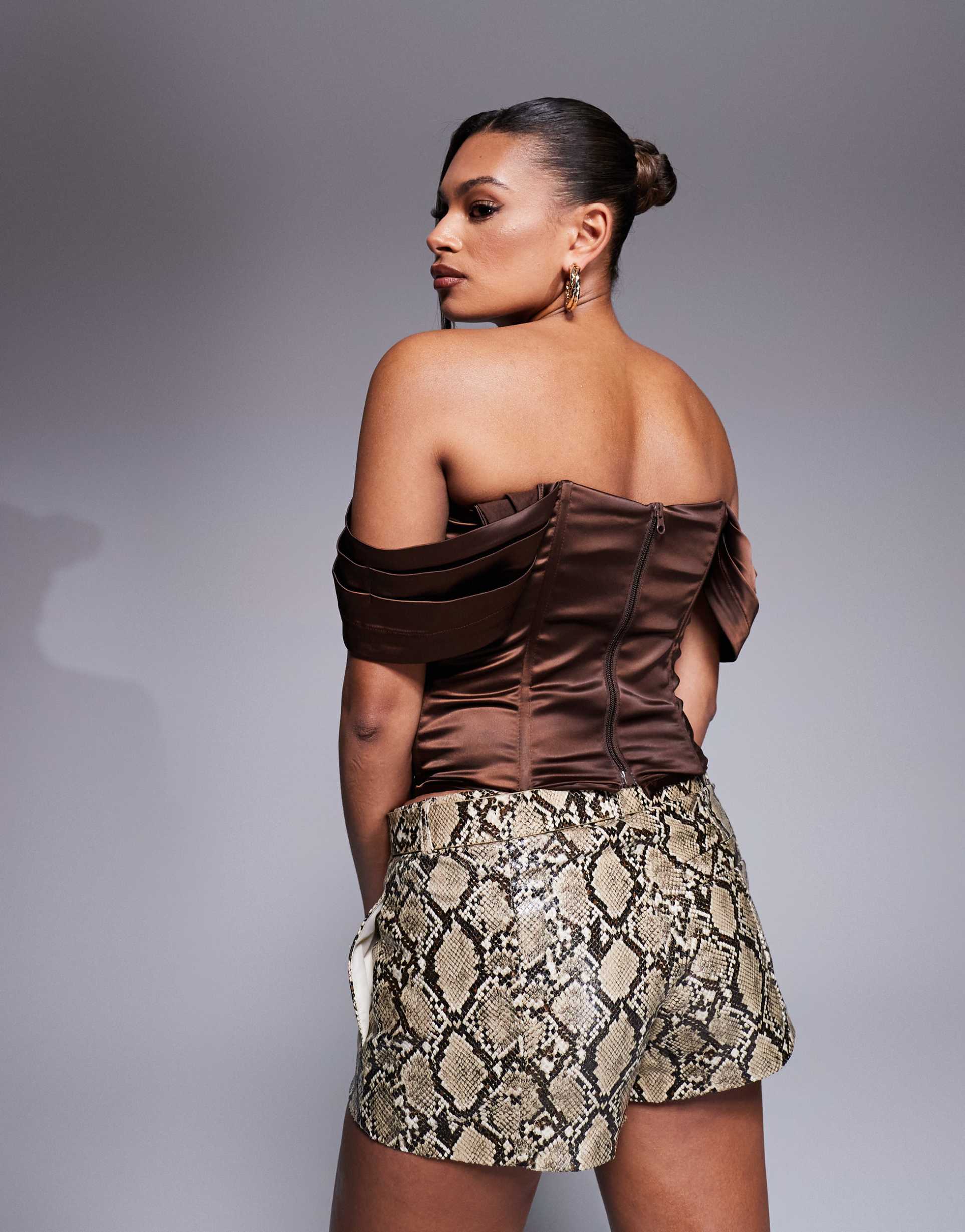 taideux fuller bust regina satin off shoulder boned corset top in deep chocolate