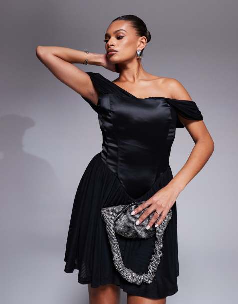 Taideux Fuller Bust Savannah satin and mesh mini corset dress with off shoulder detail in black - view 1