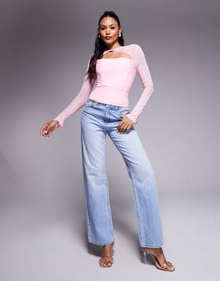 [Taideux] Taideux fuller bust Tilly mesh boned cut out corset top with lace up back detail in pastel pink S Pastel pink