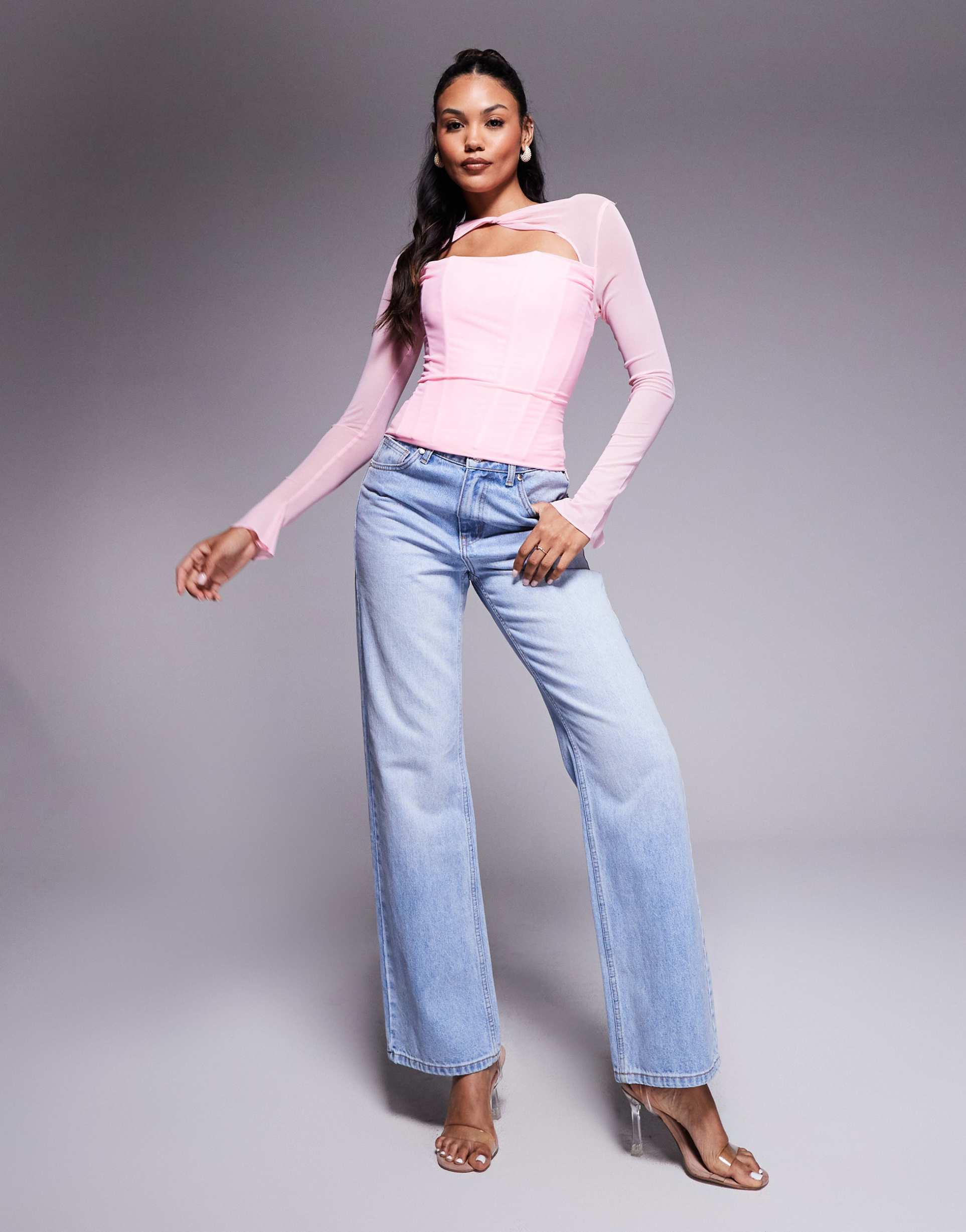 taideux fuller bust tilly mesh boned cut out corset top with lace up back detail in pastel pink