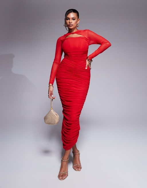 Taideux - Genevieve - Vollere buste - Midaxi-korsetjurk van gerimpeld mesh in rood