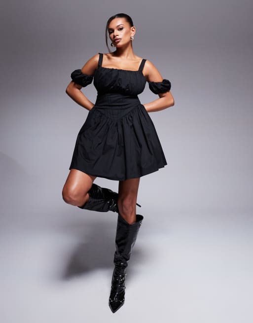 Taideux - Poitrines généreuses - Harper - Robe courte en coton stretch avec épaules nues - Noir, 2 de 4