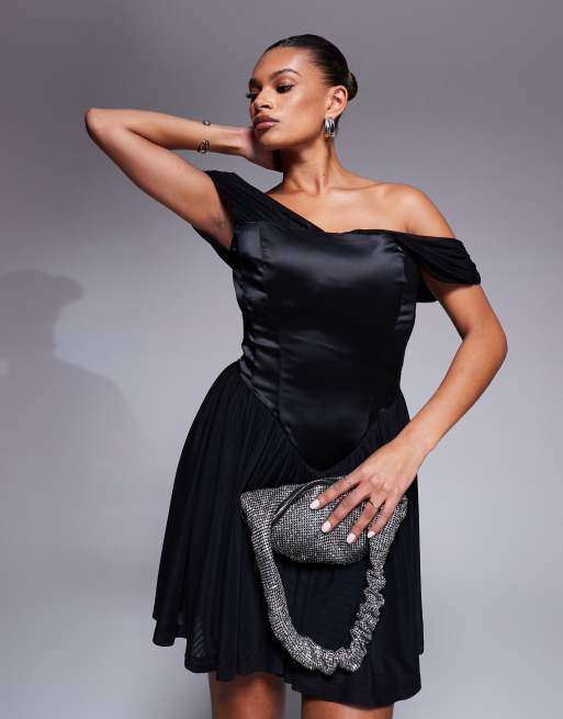 Taideux – Savannah – Größere Brust – Mini-Korsettkleid aus Satin und Netzstoff in Schwarz mit schulterfreiem Detail