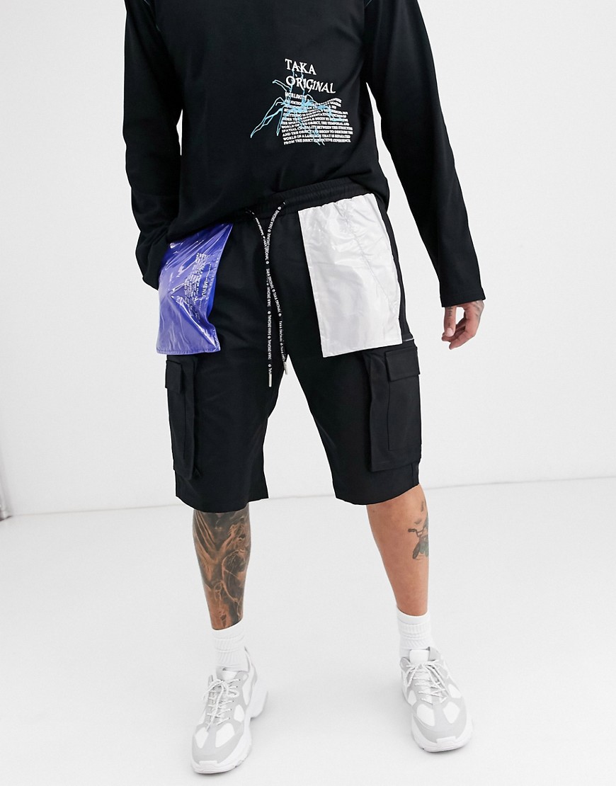Taka Original nylon utility shorts with pvc pockets and print-Black