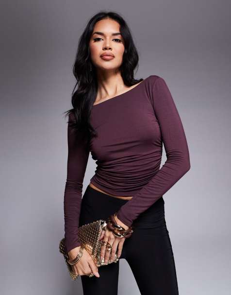 Tala 365 ruched long sleeve open back top in wine