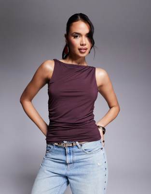 365 ruched boat neck top in wine-Red