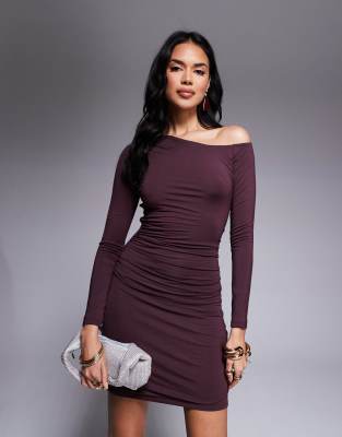 Tala Tala 365 ruched long sleeve asymmetic mini dress in wine-Red