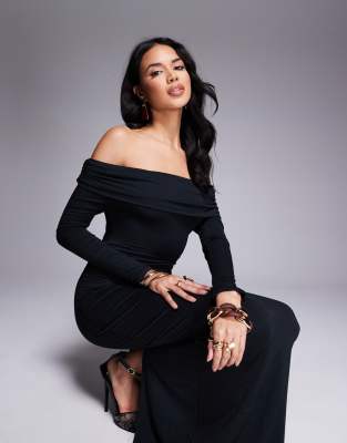 365 ruched off the shoulder maxi dress in black