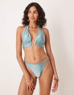 asymmetric gold ring bikini bottoms in teal-Blue