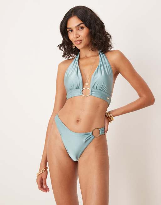 Tala – Asymmetrisch geschnittene Bikinihose in Petrol mit goldfarbenem Ring, 3 von 4