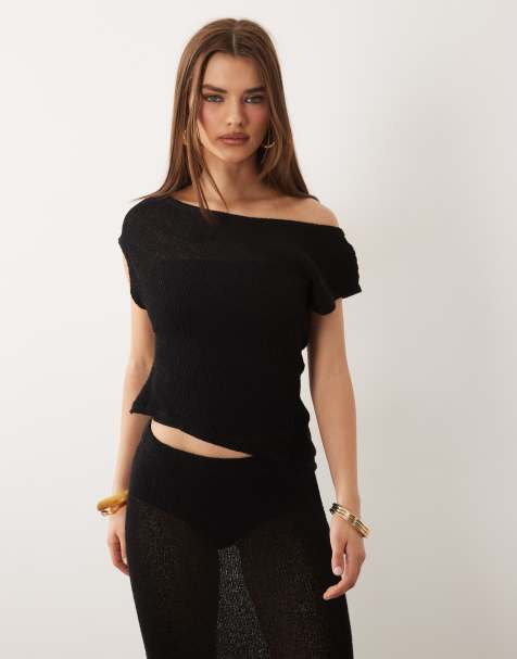 TALA beach knit asymmetric top in black - BLACK - view 1
