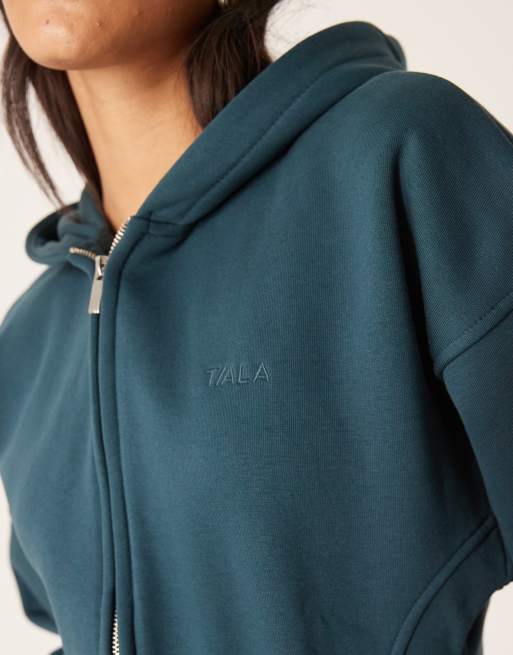 TALA cocoon zip through hoodie in deep teal - BROWN, 3 of 4