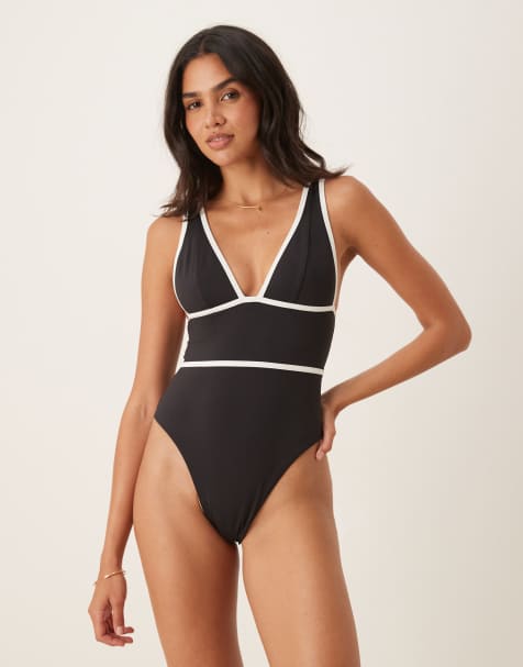 Tala contrast plunge swimsuit in black - view 1