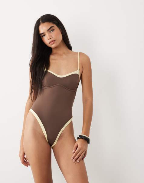 TALA contrast underwired swimsuit in cortado brown and lemon yellow - Exclusive to ASOS - BROWN - view 1