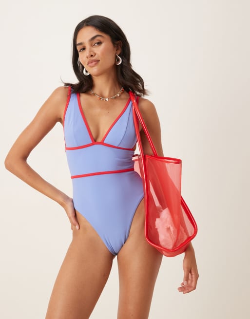 Tala - Costume da bagno blu con scollo profondo e dettagli a contrasto