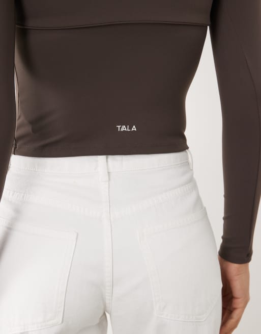 TALA – DayFlex – Brązowy top z długimi rękawami i dekoltem w szpic, 3 z 4