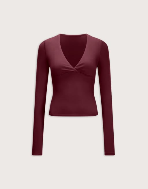 TALA Dayflex V Neck top in burgundy, 3 of 3