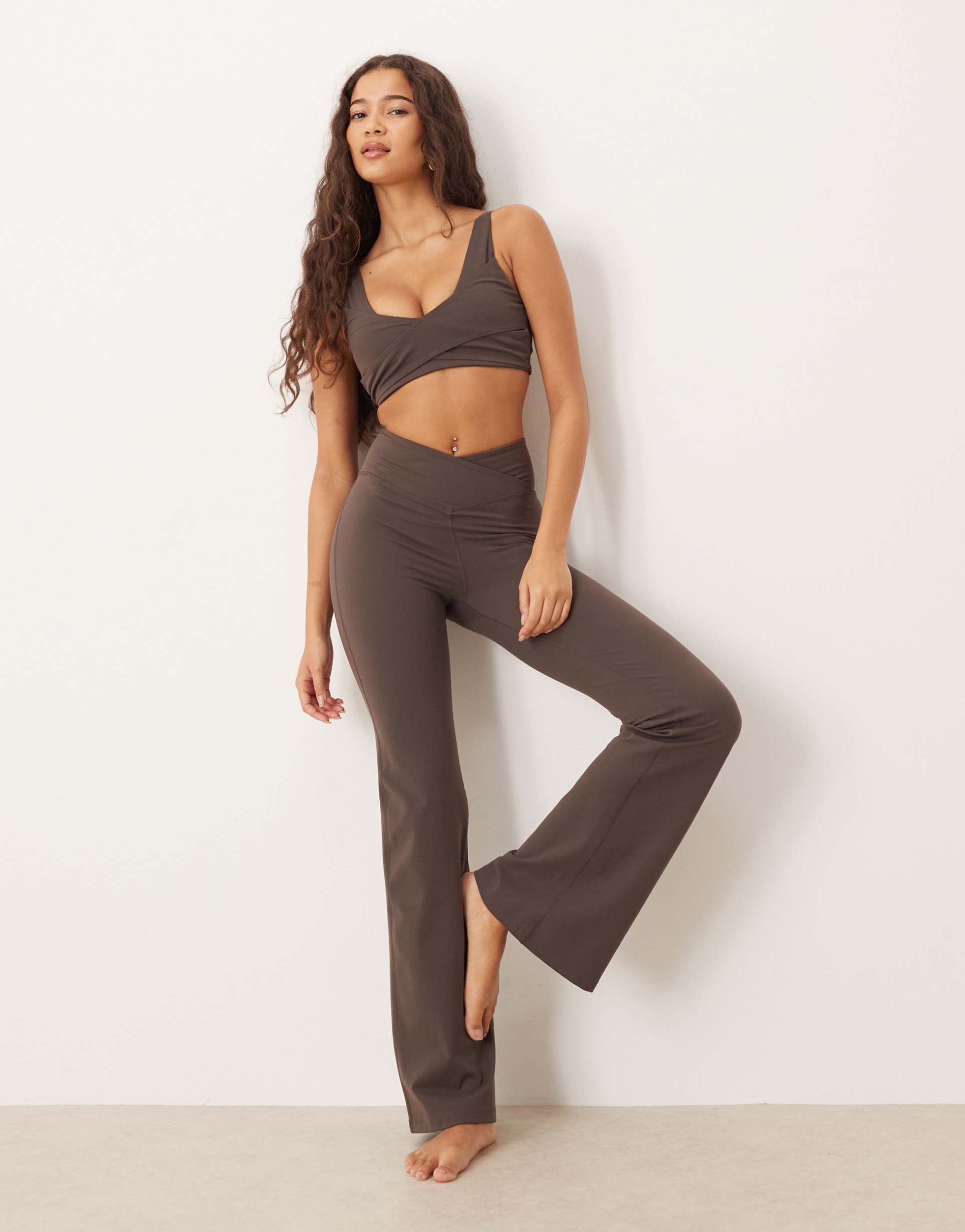 tala dayflex wrap flared yoga pants in mocha brown