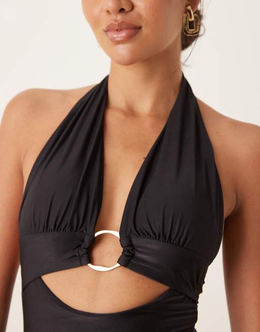 FDEETY Bikini Dames Set U-hals Kleurblok Buik Weg Zwemmode Sport Hoge Taille Ondeugende Onderkant Zwempak Strandkleding Sexy Badpakken Tweedelig, zwart, XL