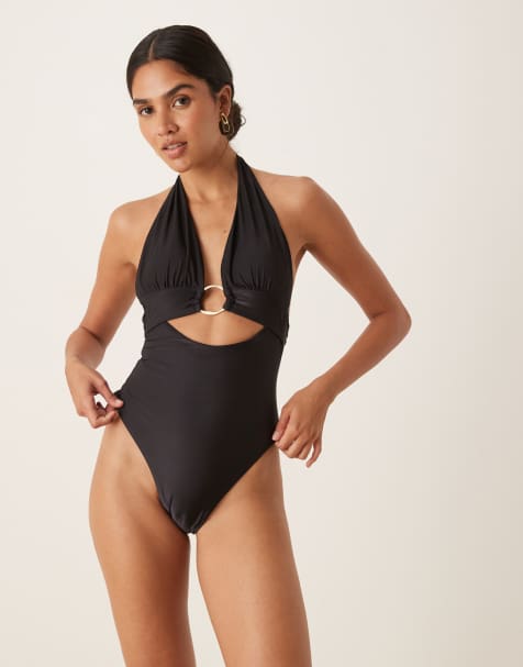 Tala halter plunge gold ring bikini swimsuit in black - view 1
