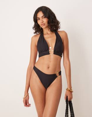 halter plunge gold ring bikini top in black