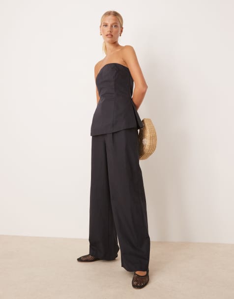 Tala heavyweight linen tailored wide leg trousers in black
