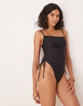 [Tala] Tala ruched adjustable tie side shaping swimsuit in black 6-8 BLACK
