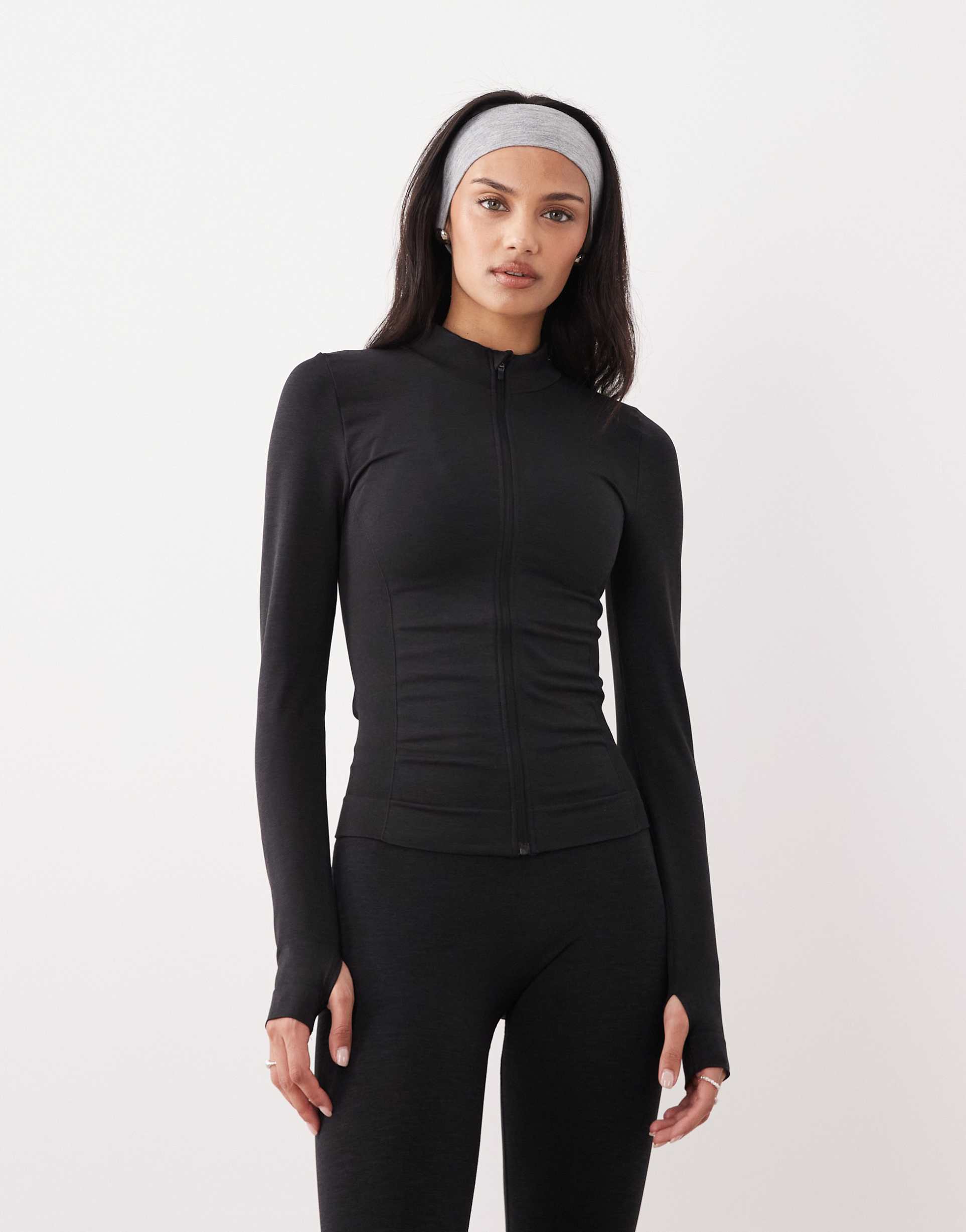 tala sculpt seamless zip up longline jacket in black