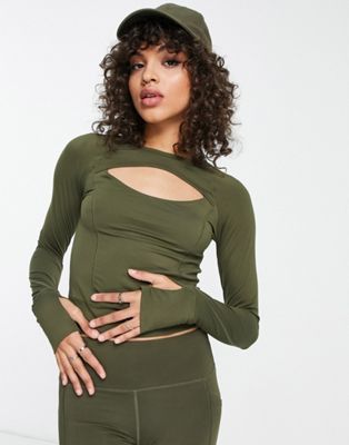 TALA Skinluxe cut out long sleeve top in khaki - ASOS Price Checker