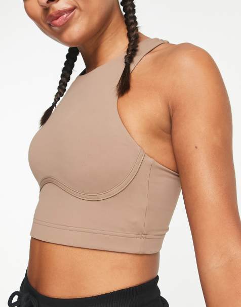 TALA Skinluxe high neck medium support sports bra in mocha brown exclusive at ASOS - view 1