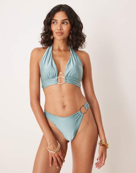 TALA - Slip bikini asimmetrico verde-azzurro con anello color oro - view 1