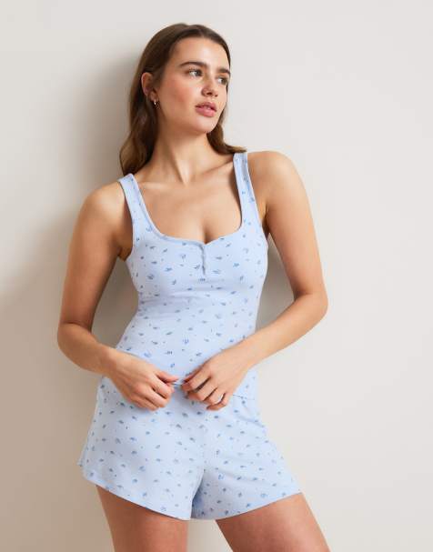 Tala Soft Lounge square neck button pyjama singlet in baby blue - view 1