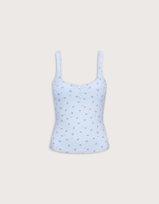 Tala Soft Lounge square neck button pyjama singlet in baby blue, 3 of 3