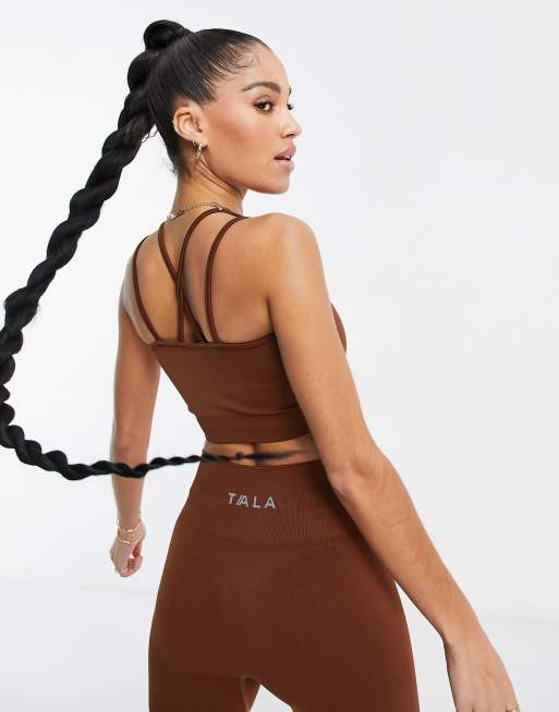 TALA Solasta medium support strappy sports bra in brown - exclusive to ASOS