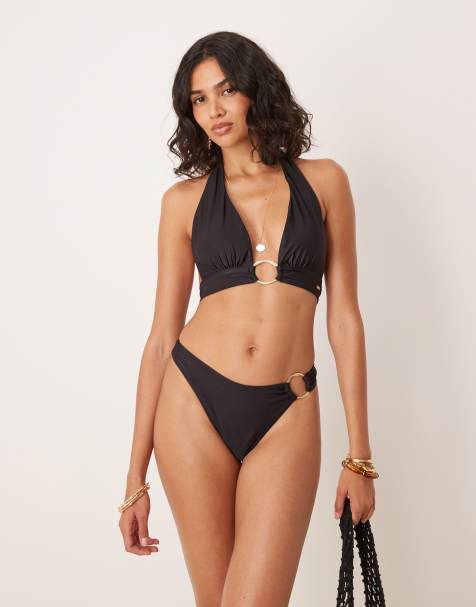 Tala - Sort bikinitop med dyb halterneck og guldfarvet ringdetalje - view 1