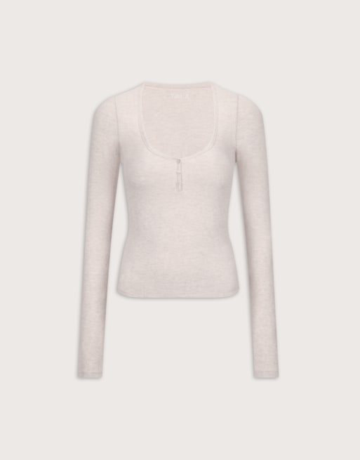 Tala - Top de pyjama confort doux en maille pointelle avec manches longues et décolleté en cœur - Grège chiné, 3 de 3