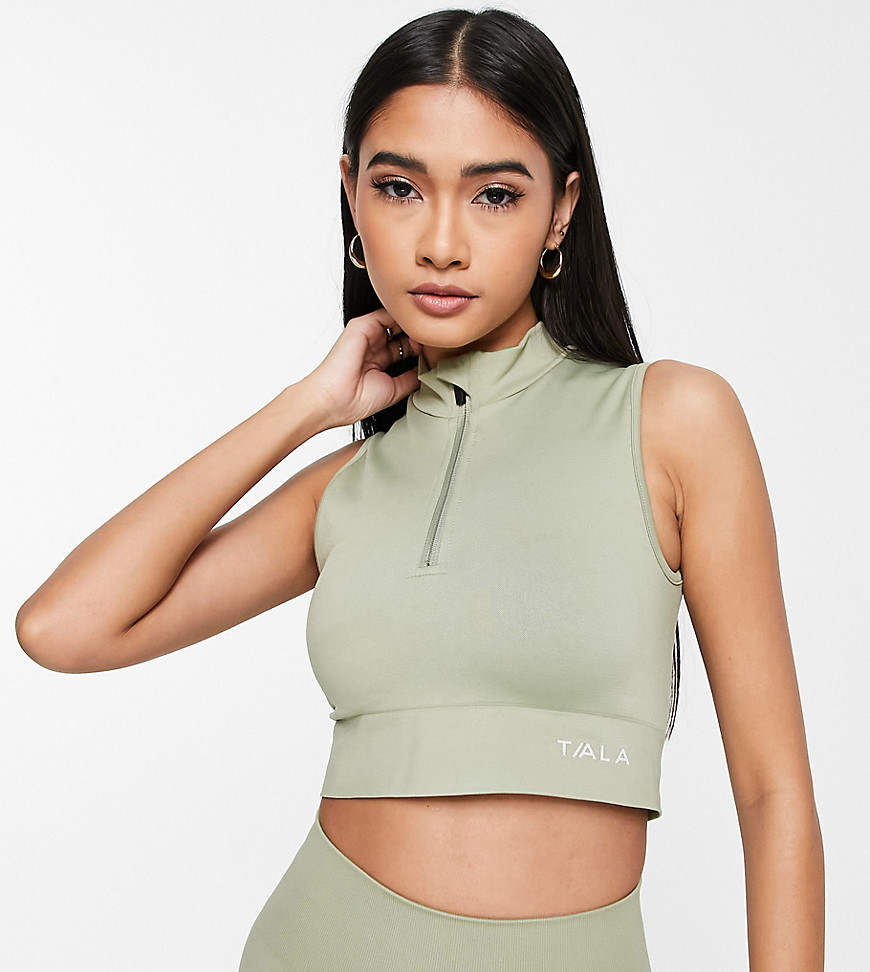 TALA Zahara medium support zip up sports bra in khaki exclusive to ASOS-Green