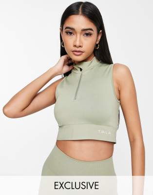 TALA Zahara medium support zip up sports bra in khaki exclusive to ASOS