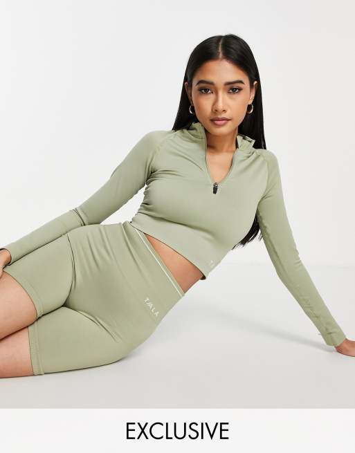 TALA zip front long-sleeved crop top in khaki exclusive to ASOS