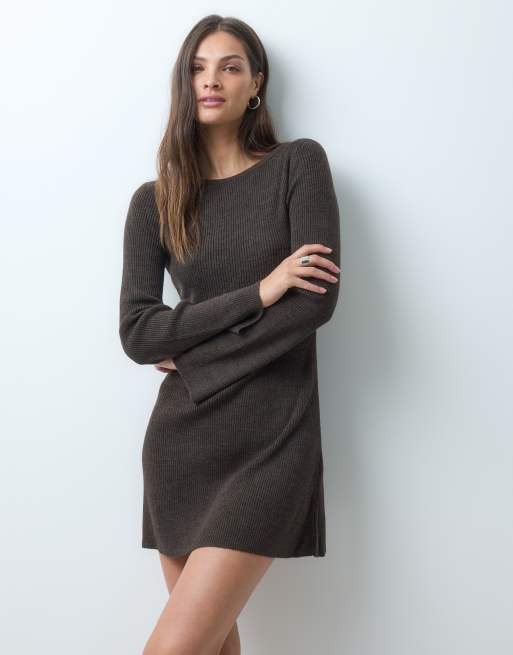 Tall vestido mini skater de punto con cuello barco en marrón, 2 de 4