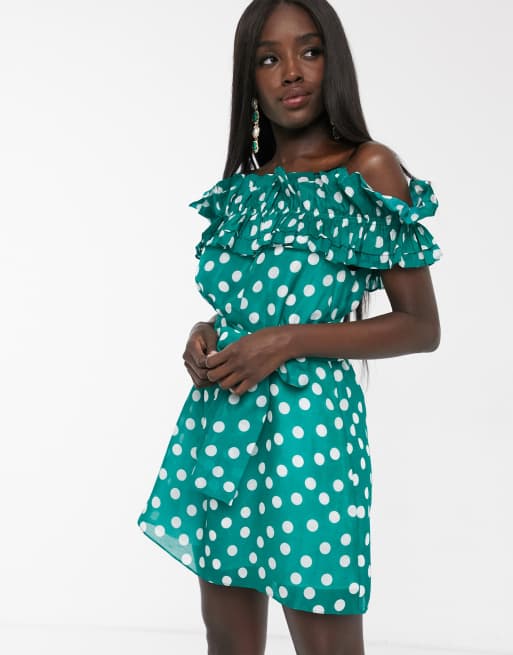 Off the shoulder white polka hot sale dot dress