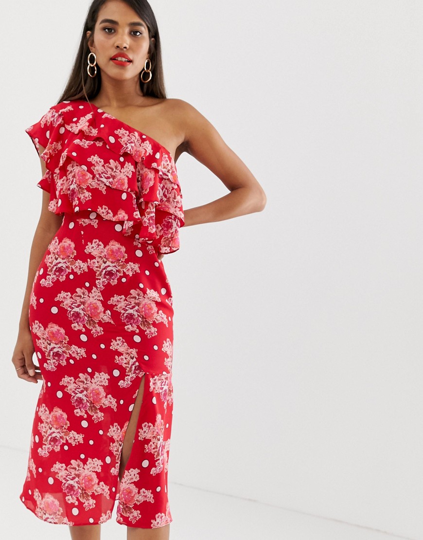 Talulah – Florence – Blommig midiklänning med bar axel-Röd
