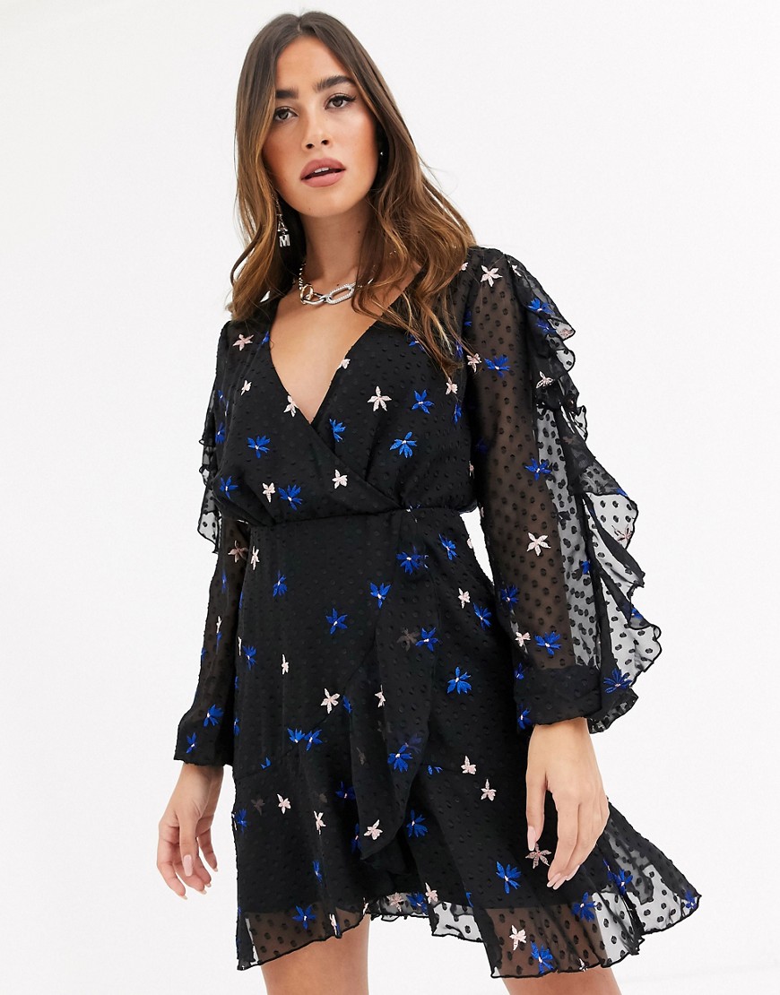 Talulah Up All Night star embroidered ruffle mesh dress-Black